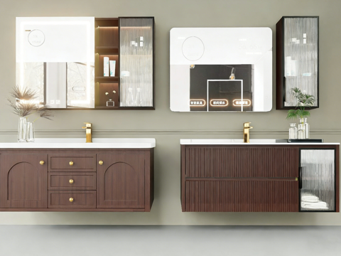 现代简约智能浴室柜 岩板一体盆 LED镜柜su模型