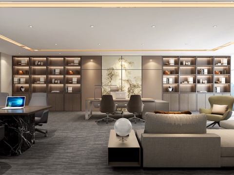  现代经理办公室 董事长办公室 办公桌椅组合 沙发茶几 会客区3d模型 
