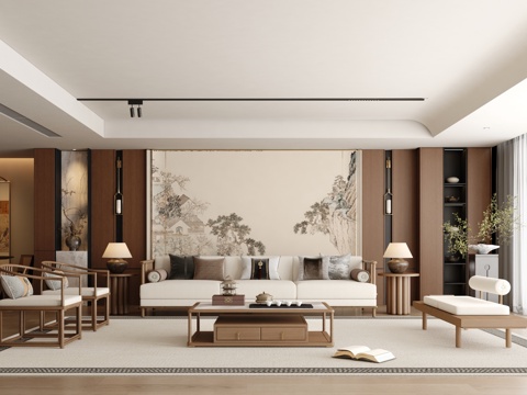  新中式客厅 宋式客厅 大平层 横厅 中式客厅3d模型 