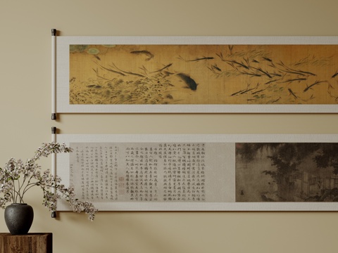  新中式禅意装饰画 宋式挂画 侘寂风挂画 中古风卷轴画 山水字3d模型 