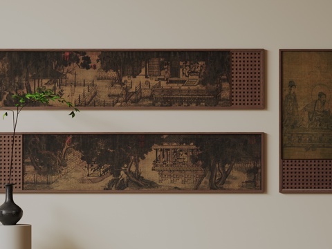  新中式禅意装饰画 宋式挂画 侘寂风挂画 中古风卷轴画 山水字su模型 