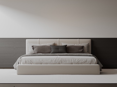  现代意式双人床 皮质床 布艺双人床 中古主卧床 地台床 极简su模型 