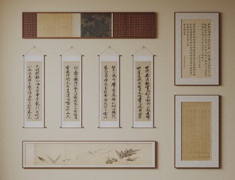 新中式禅意装饰画 宋式挂画 侘寂风挂画 中古风卷轴画 山水字su模型