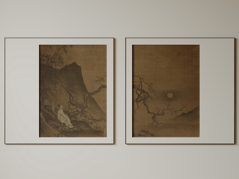 新中式禅意装饰画 宋式挂画 侘寂风挂画 中古风卷轴画 山水字su模型