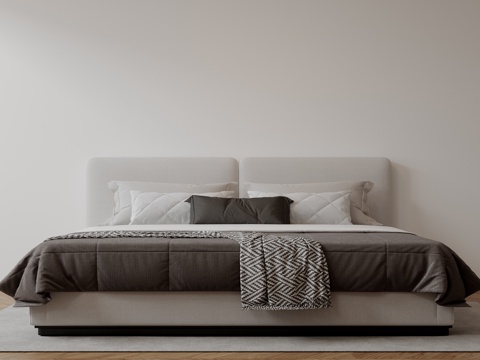  现代意式双人床 皮质床 布艺双人床 中古主卧床 地台床 极简su模型 