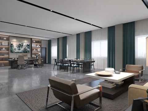  现代经理办公室 班台 书柜 沙发茶几组合 会客区 办公区3d模型 