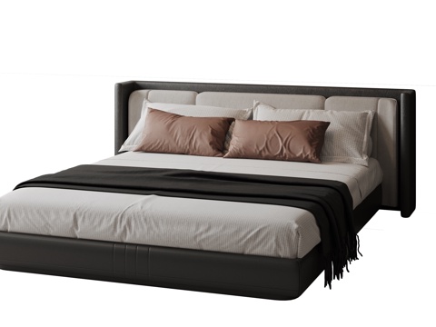  现代意式双人床 皮质床 布艺双人床 中古主卧床 地台床 极简3d模型 