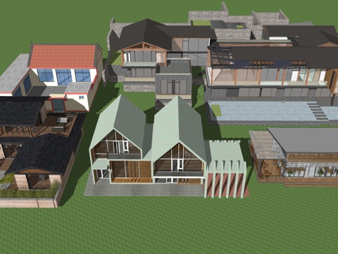 新中式民宿客栈酒店旅游度假村乡村别墅建筑su模型