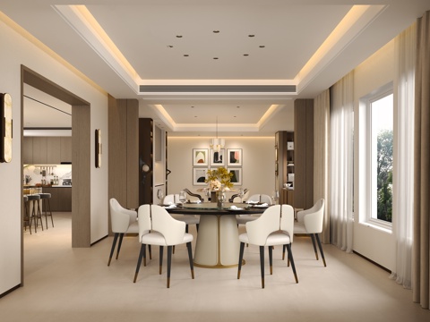  现代奶油圆桌餐厅 现代圆形餐桌椅 现代原木餐厅挂画 现代意式3d模型 