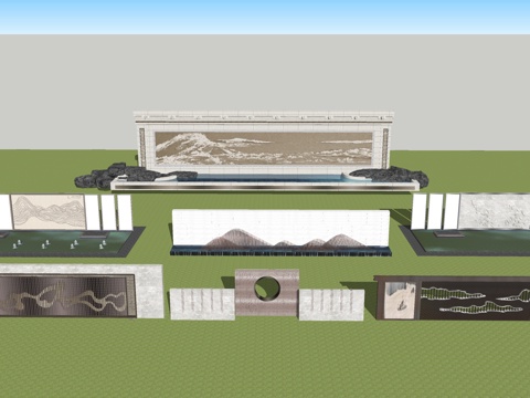 中式跌水景墙 景观小品 庭院小品山水景墙su模型