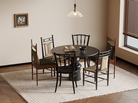 法式复古风餐桌椅 圆形餐桌su模型