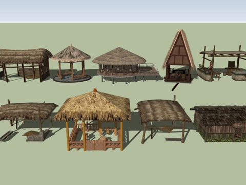  茅草亭茅草屋su模型 