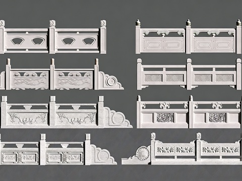  新中式中式栏杆 新中式户外石材栏 大理石护栏 围栏3d模型 