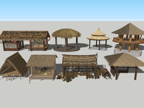  茅草亭茅草屋su模型 