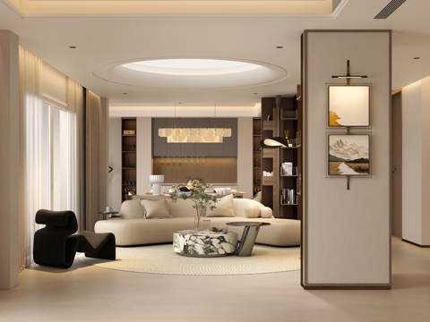  现代奶油客厅沙发 现代极简客厅茶几 现代装饰挂画墙饰 奶油肤3d模型 