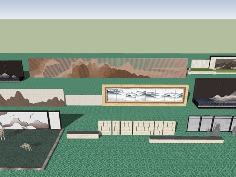 中式跌水景墙 景观小品 庭院小品山水景墙su模型