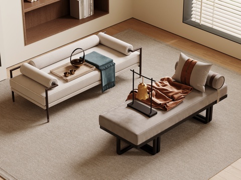  新中式贵妃椅 床尾塌 沙发凳 换鞋凳3d模型 