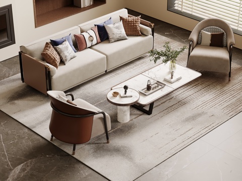  新中式沙发 多人沙发 三人沙发 沙发茶几组合3d模型 