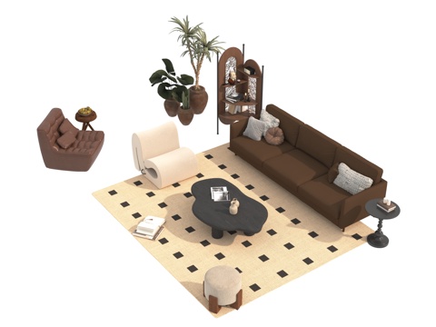  中古风沙发茶几组合3d模型 