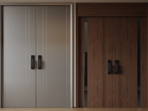  现代极简双开门 中古平开门 入户门 防盗门 通顶对开门 别墅su模型 