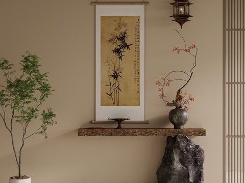  新中式玄关 端景条案 挂画 盆景su模型 