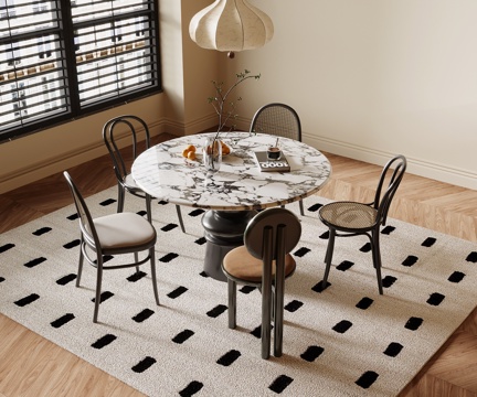  法式复古风餐桌椅 圆形餐桌 吊灯3d模型 