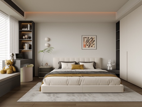 现代卧室 双人床 床头柜su模型