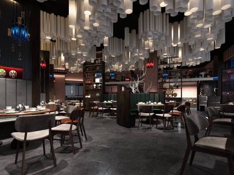  现代工业风餐厅 白色筒状吊灯 卡座 彩色脸谱装饰 网红餐厅设3d模型 