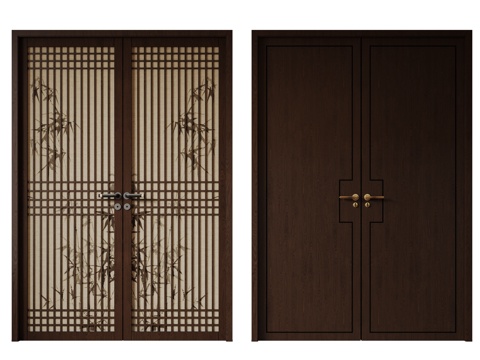  新中式侘寂双开门 中古平开门 入户门 防盗门 通顶对开门 别3d模型 