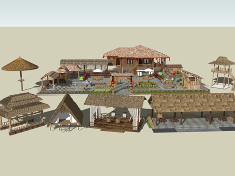  茅草亭茅草屋su模型 