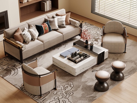 新中式沙发 多人沙发 三人沙发 沙发茶几组合su模型