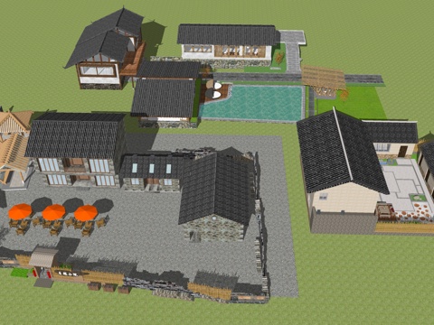 新中式乡村民宿民房建筑su模型su模型