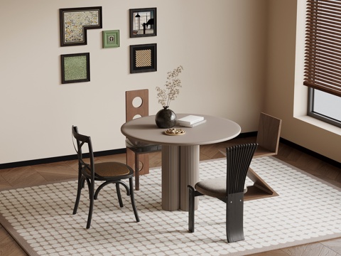 法式复古风餐桌椅 圆形餐桌su模型
