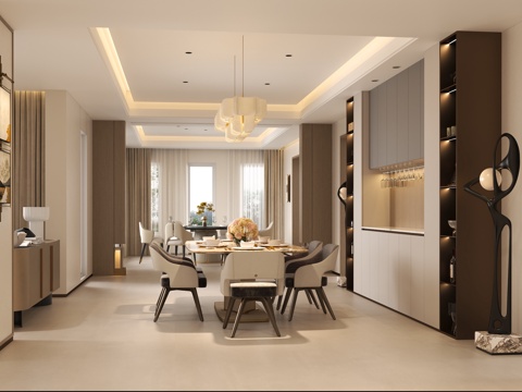  奶油皮革餐桌椅 现代艺术雕塑 现代意式立柱设计 现代意式玄关3d模型 