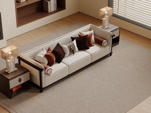  新中式多人沙发 三人沙发 直排沙发su模型 