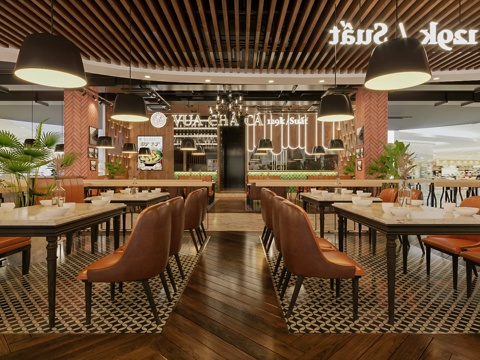  复古工业风餐厅 复古花砖地板 木质格栅吊顶 皮质卡座红砖墙3d模型 