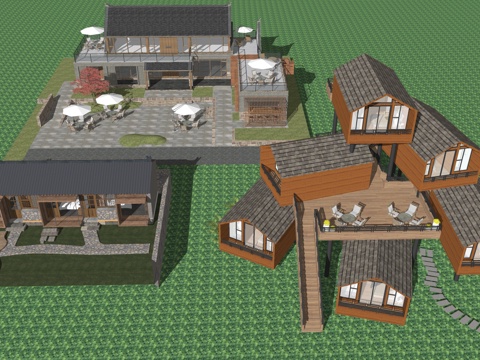 新中式民宿客栈酒店旅游度假村乡村别墅建筑su模型