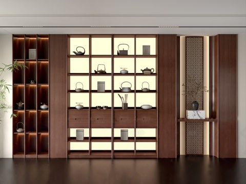  新中式茶室柜博古架3d模型 