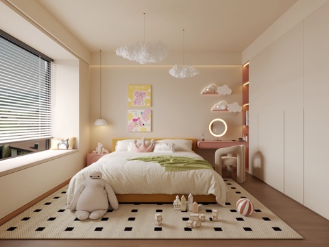  现代奶油风儿童房3d模型 