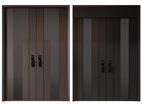  现代极简双开门 中古平开门 入户门 防盗门 通顶对开门 别墅su模型 