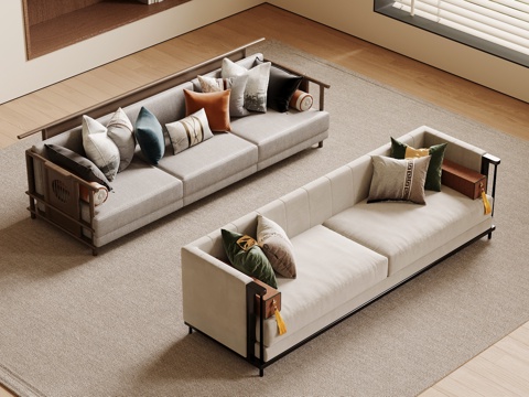  新中式多人沙发 三人沙发 直排沙发su模型 