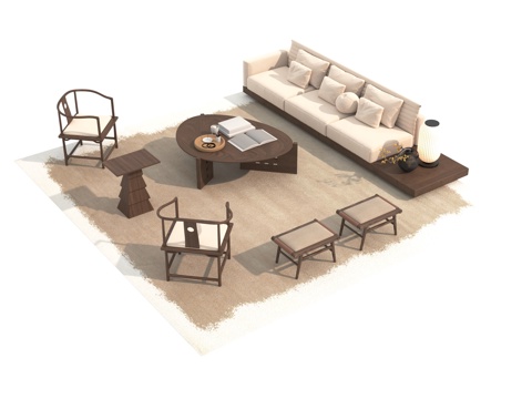  新中式沙发茶几组合3d模型 