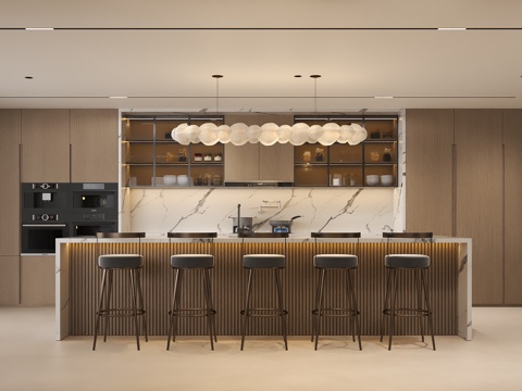  现代西厨餐厅吧台 意式西厨酒柜餐柜 现代吧台吧凳 奶油肤感砖3d模型 