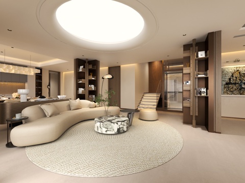  现代意式客厅沙发 立柱装饰书架 灯膜吊顶圆形吊顶 置物架装饰3d模型 