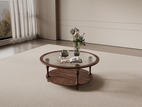 中古风茶几 圆形茶几 玻璃茶几su模型