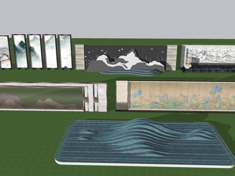 中式跌水景墙 景观小品 庭院小品山水景墙su模型