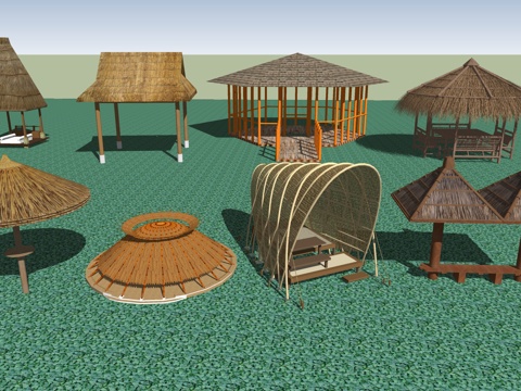  茅草亭茅草屋su模型 