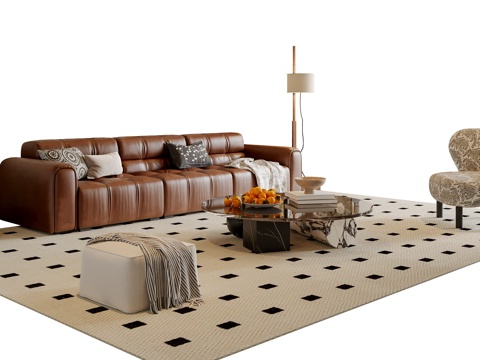 法式沙发茶几组合 多人沙发 休闲椅 落地灯 地毯su模型