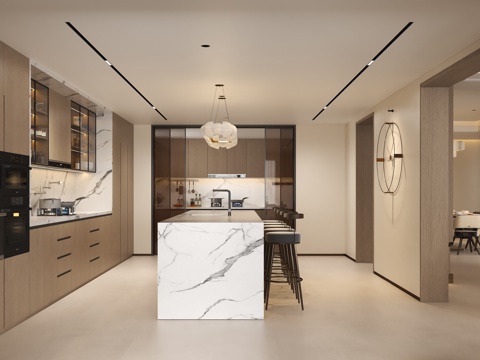  现代西厨餐厅吧台 意式西厨酒柜餐柜 现代吧台吧凳 奶油肤感砖3d模型 