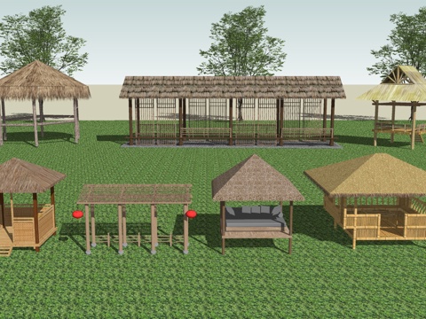  茅草亭茅草屋su模型 